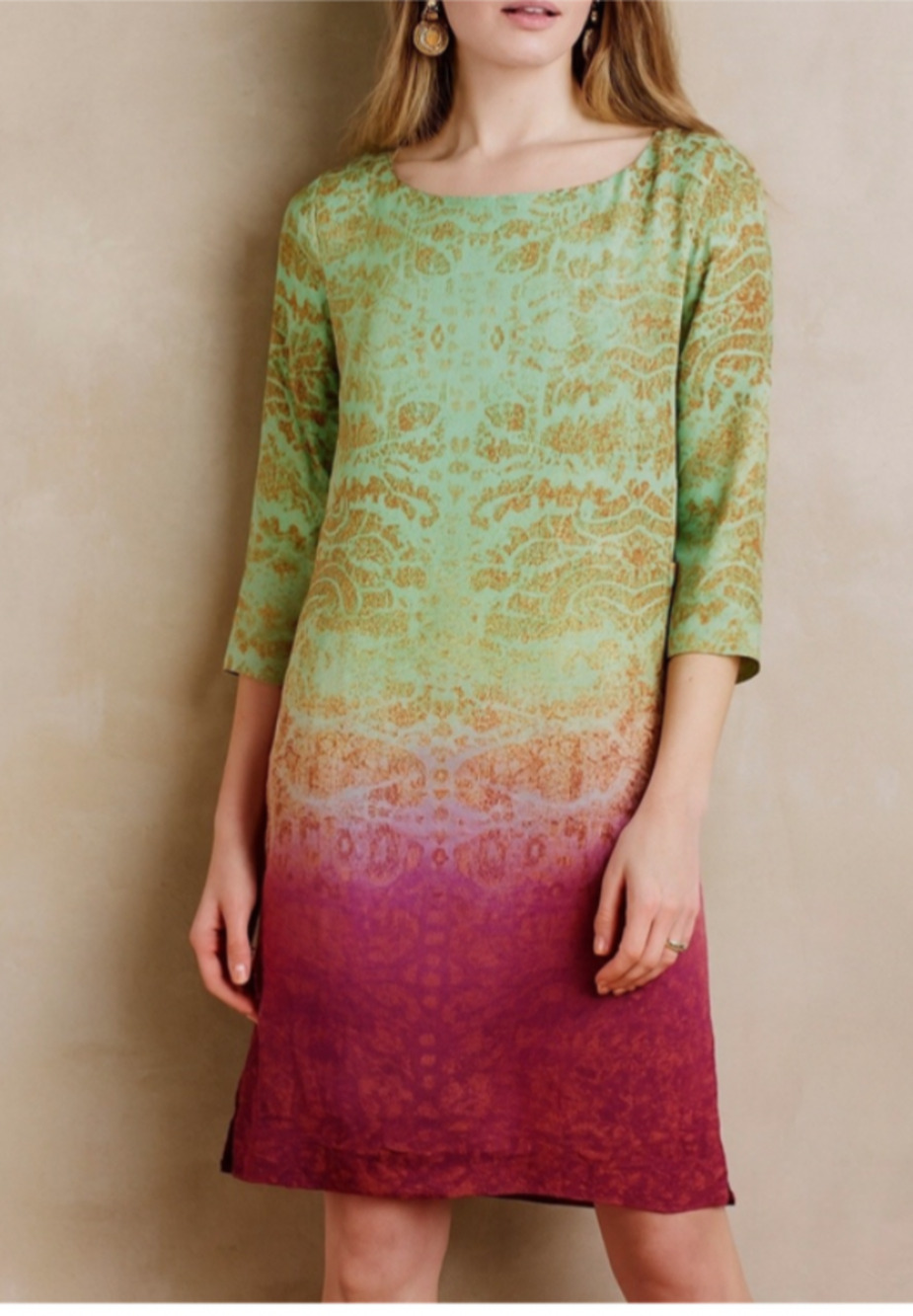 Anthropologie Maeve Women’s L Cleome 100% Silk Ombré Sheath Tunic Dress A9
